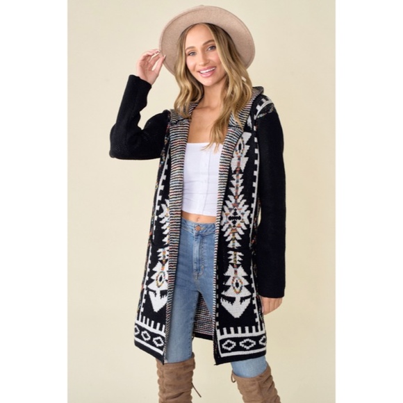 SOLD OUT Black Aztec Rainbow Western Hooded Knit Cardigan Long Sleeve Open - Picture 2 of 8